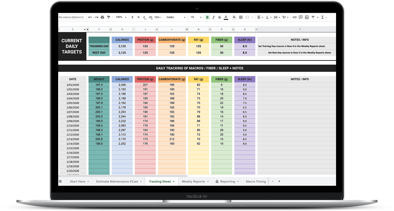Macronutrient Reporting & Check-In Template Nutrition Coaching Client Progress Sheet