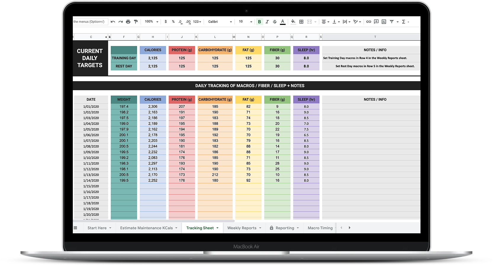 calorie and macro tracker spreadsheet template